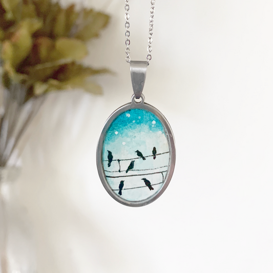 Birds on Wire // Hand-painted Watercolor Pendant