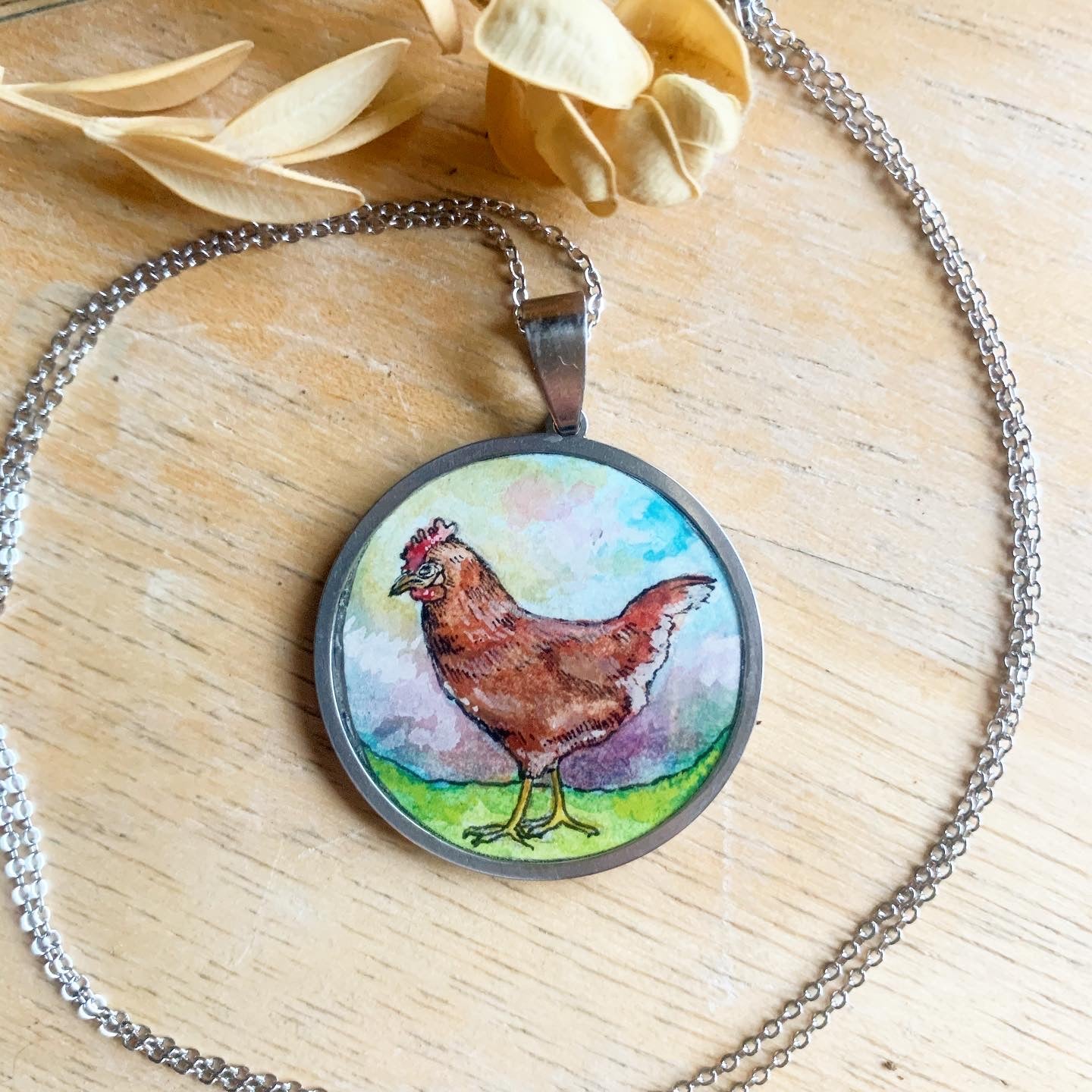 Red Hen // Hand-painted Watercolor Pendant