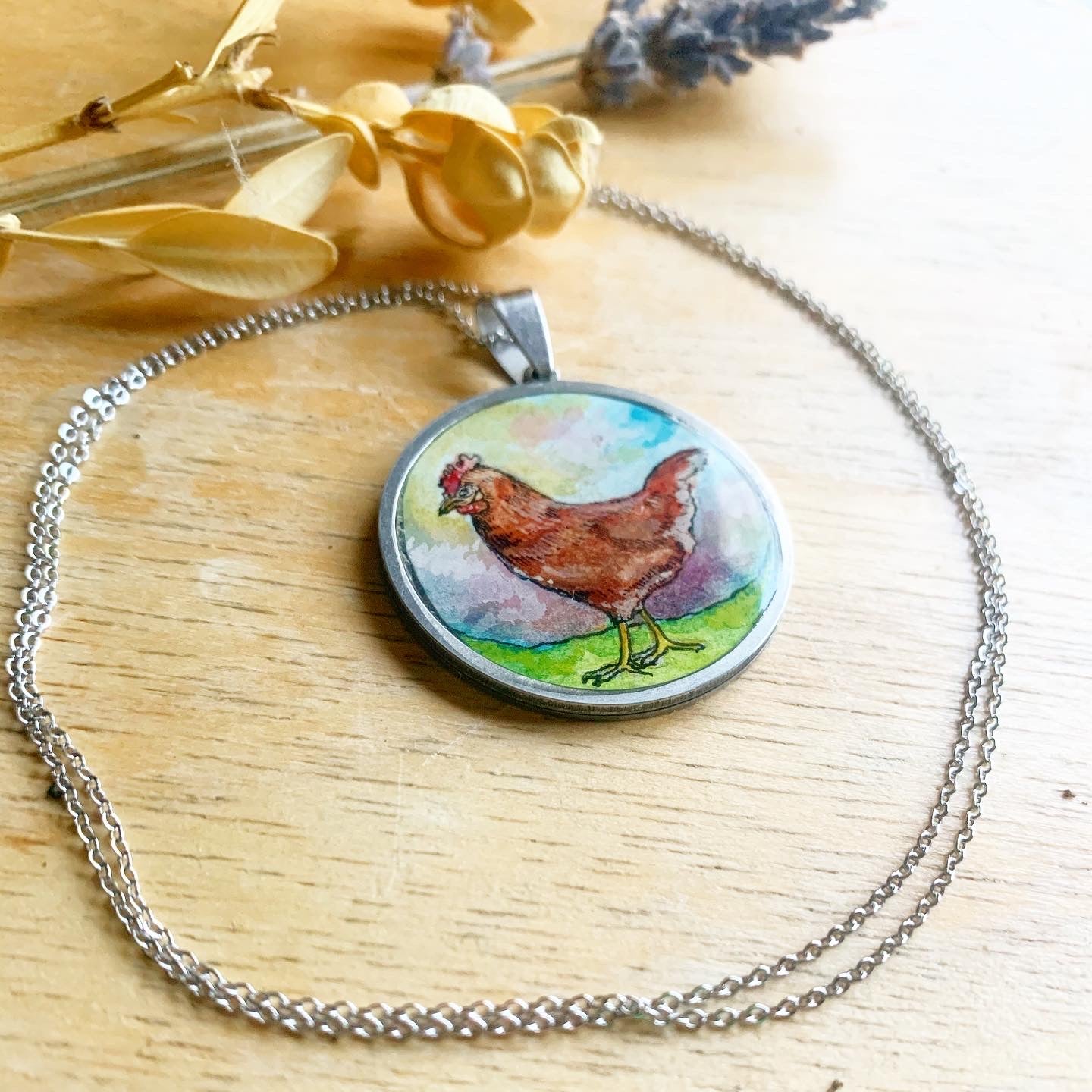 Red Hen // Hand-painted Watercolor Pendant