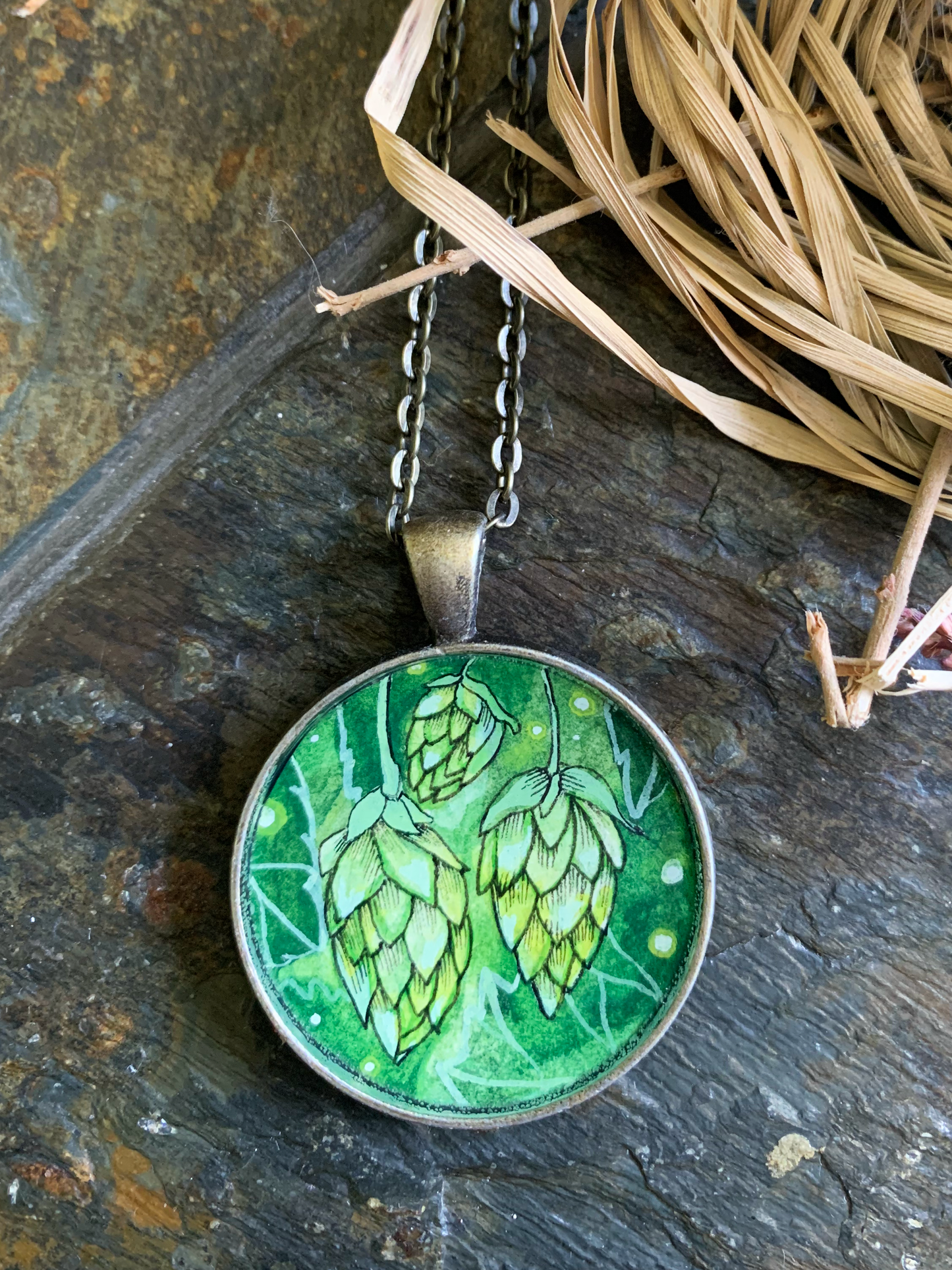 Hops // Hand-painted Watercolor Pendant