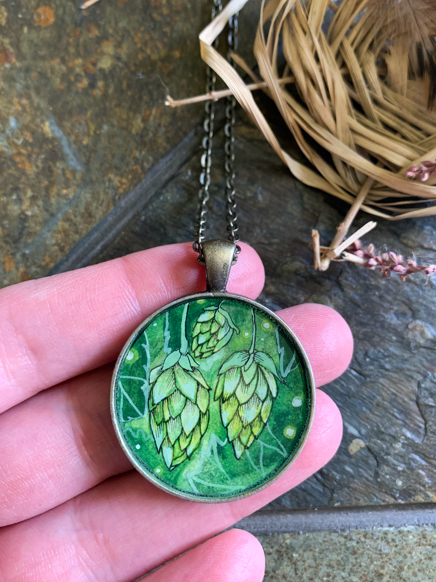 Hops // Hand-painted Watercolor Pendant